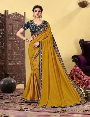Mustard embroidered silk blend saree with blouse 1
