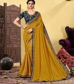 Mustard embroidered silk blend saree with blouse