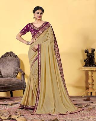 Beige embroidered silk blend saree with blouse 1