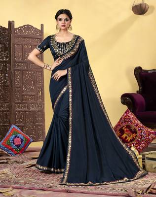 Navy blue embroidered silk blend saree with blouse 1