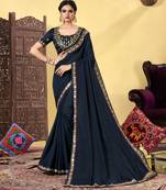 Navy blue embroidered silk blend saree with blouse