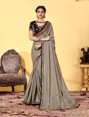 Dark cream embroidered silk blend saree with blouse 1