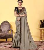Dark cream embroidered silk blend saree with blouse