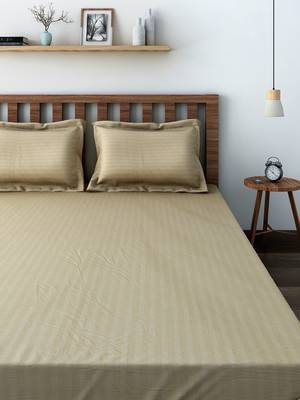 Swayam 300 TC Solid Print Cotton Fitted Double Bed Sheet with 2 Pillow Cover   Beige 2