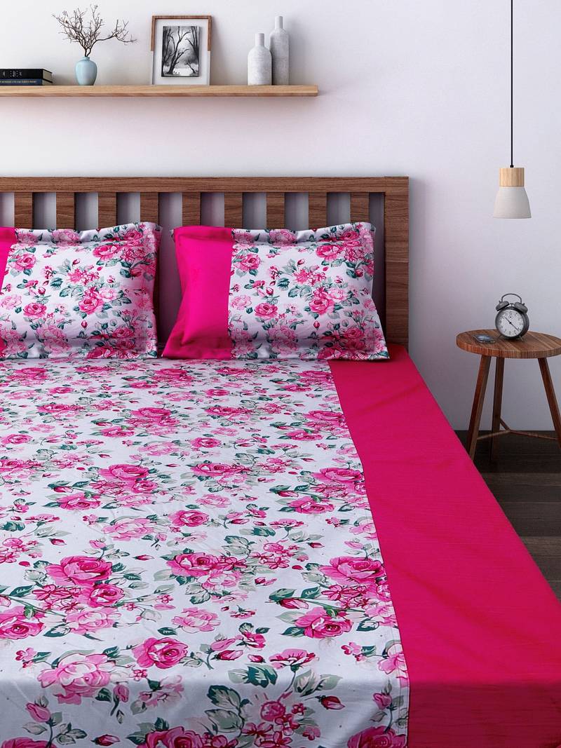 Swayam 200 TC Floral Print Cotton Single Bed Sheet with 1 Pillow Cover   Pink  Magenta