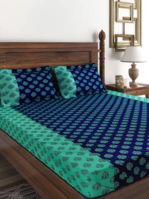 Swayam 200 TC Motifs Print Cotton Single Bed Sheet with 1 Pillow Cover   Turquoise  Blue 1