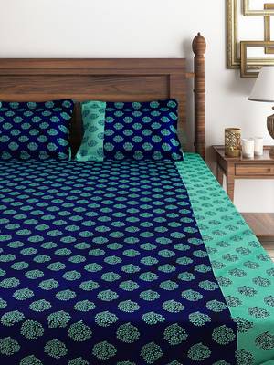 Swayam 200 TC Motifs Print Cotton Single Bed Sheet with 1 Pillow Cover   Turquoise  Blue 2