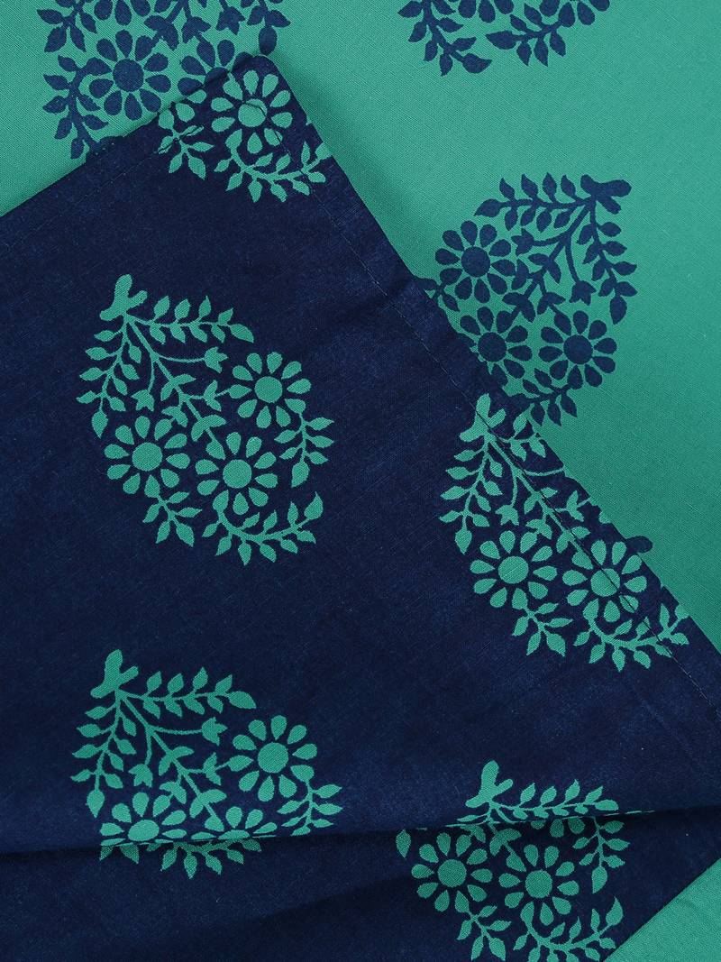 Swayam 200 TC Motifs Print Cotton Fitted Double Bed Sheet with 2 Pillow Cover   Turquoise  Blue