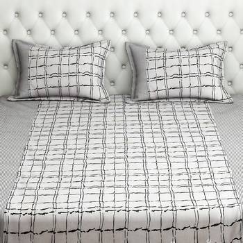 Swayam 200 TC Geometric Print Cotton Fitted Double Bed Sheet with 2 Pillow Cover   White  Black 3