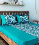 Swayam 200 TC Floral Print Cotton Single Bed Sheet with 1 Pillow Cover   Teal  White