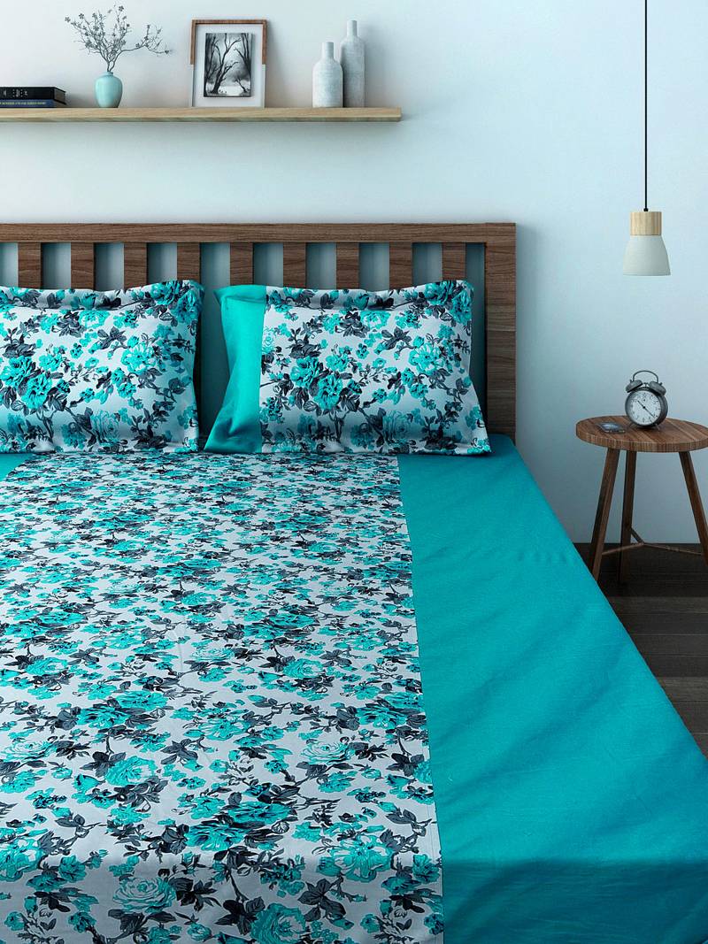 Swayam 200 TC Floral Print Cotton Single Bed Sheet with 1 Pillow Cover   Teal  White