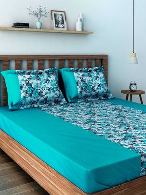 Swayam 200 TC Floral Print Cotton Extra Large Bed Sheet with 2 Pillow Cover   Teal  White 1
