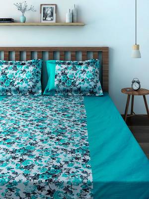 Swayam 200 TC Floral Print Cotton Extra Large Bed Sheet with 2 Pillow Cover   Teal  White 2