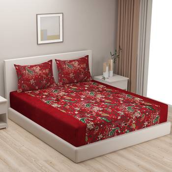 Swayam 200 TC Floral Print Cotton Double Bed Sheet with 2 Pillow Cover   Wine  Yellow 1