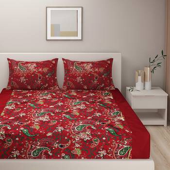 Swayam 200 TC Floral Print Cotton Double Bed Sheet with 2 Pillow Cover   Wine  Yellow 2