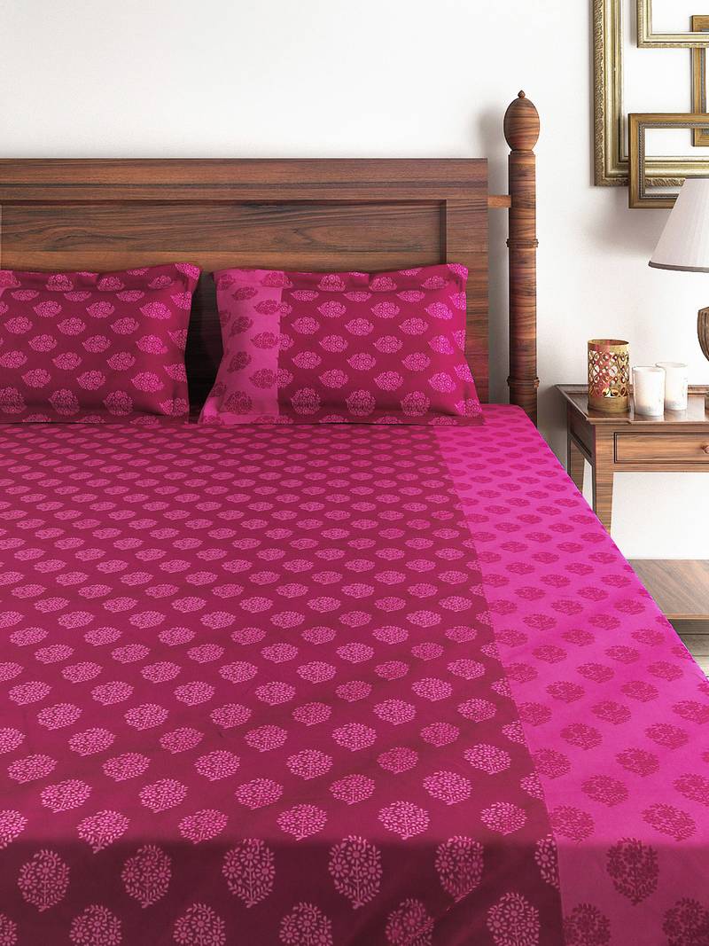 Swayam 200 TC Motifs Print Cotton Extra Large Bed Sheet with 2 Pillow Cover   Pink  Magenta