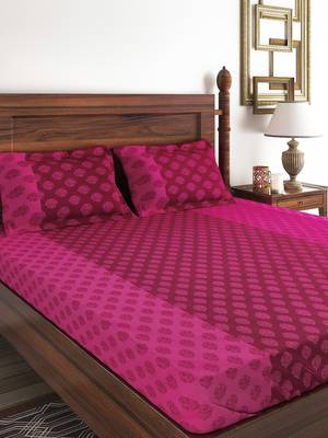 Swayam 200 TC Motifs Print Cotton Fitted Double Bed Sheet with 2 Pillow Cover   Pink  Magenta 1