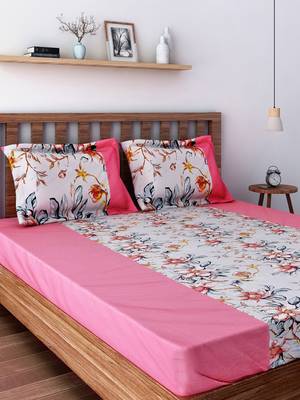 Swayam 200 TC Floral Print Cotton Extra Large Bed Sheet with 2 Pillow Cover   Pink  Peach 1