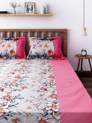 Swayam 200 TC Floral Print Cotton Extra Large Bed Sheet with 2 Pillow Cover   Pink  Peach 2