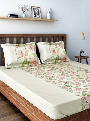Swayam 200 TC Floral Print Cotton Double Bed Sheet with 2 Pillow Cover   Cream  Pink 1