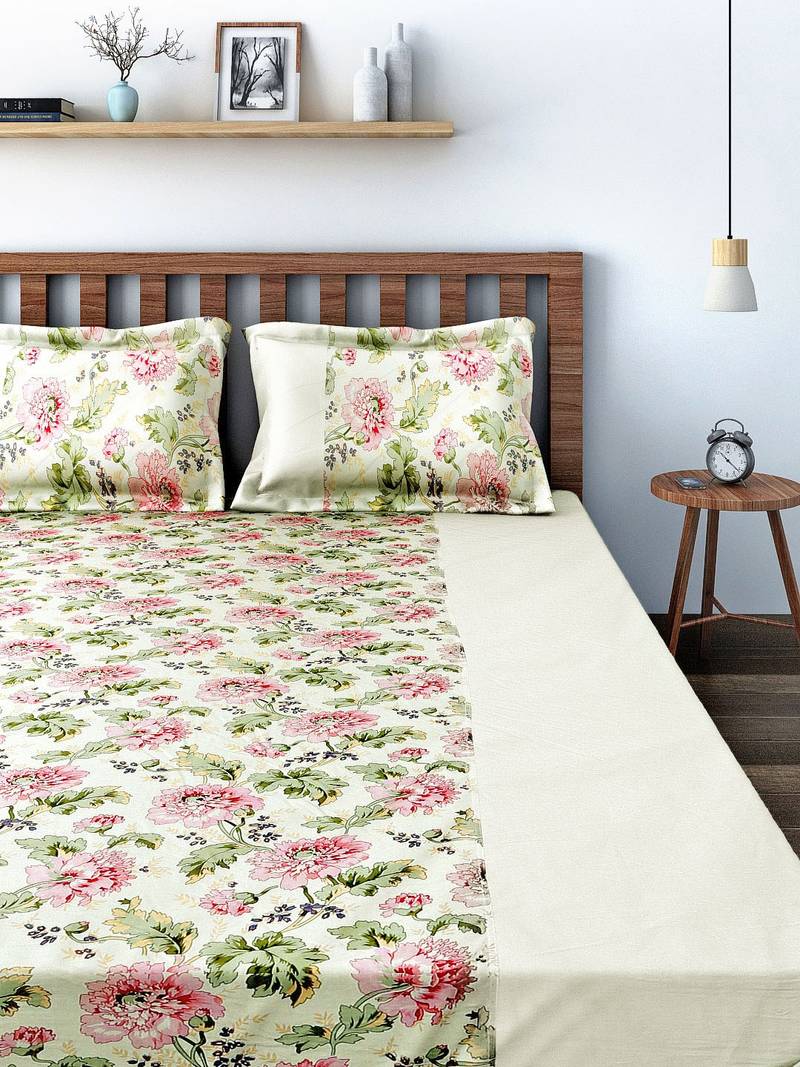 Swayam 200 TC Floral Print Cotton Fitted Double Bed Sheet with 2 Pillow Cover   Cream  Pink