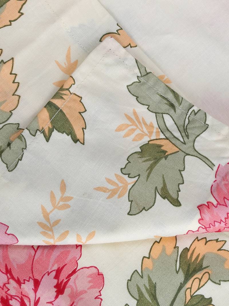 Swayam 200 TC Floral Print Cotton Fitted Double Bed Sheet with 2 Pillow Cover   Cream  Pink