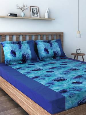 Swayam 200 TC Floral Print Cotton Double Bed Sheet with 2 Pillow Cover   Blue  Navy Blue 1