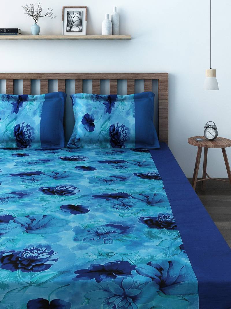 Swayam 200 TC Floral Print Cotton Fitted Double Bed Sheet with 2 Pillow Cover   Blue  Navy Blue