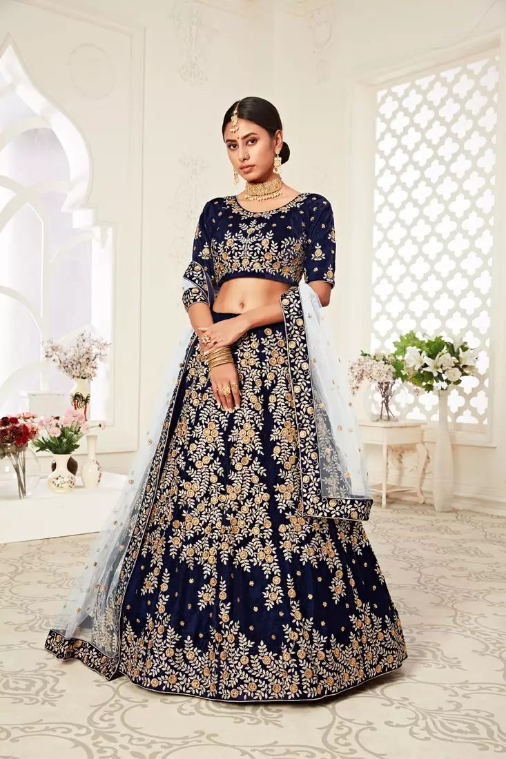 Amazing Navy-Blue Heavy Embroidered Velvet Wedding Bridal Lehenga Choli with Dupatta