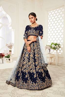 Amazing Navy-Blue Heavy Embroidered Velvet Wedding Bridal Lehenga Choli with Dupatta 1