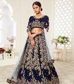 Amazing Navy-Blue Heavy Embroidered Velvet Wedding Bridal Lehenga Choli with Dupatta