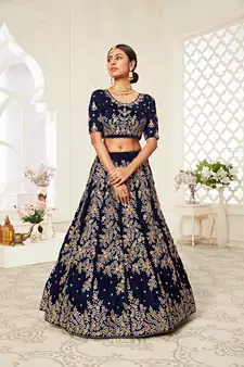 Amazing Navy-Blue Heavy Embroidered Velvet Wedding Bridal Lehenga Choli with Dupatta