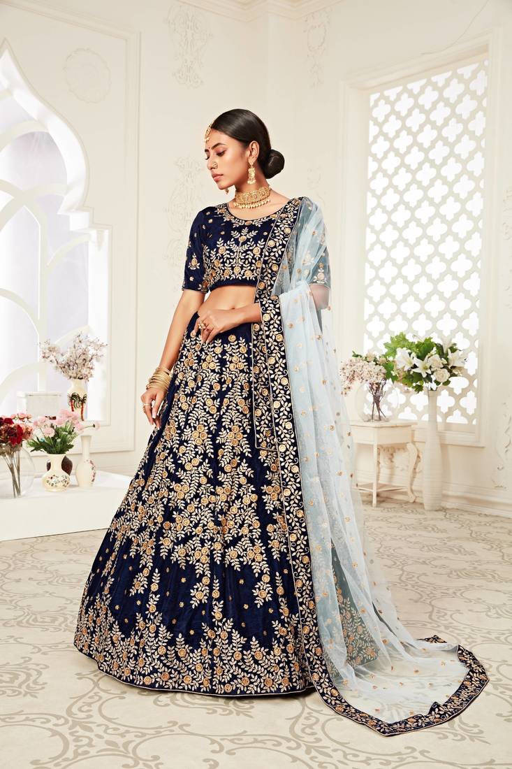 Amazing Navy-Blue Heavy Embroidered Velvet Wedding Bridal Lehenga Choli with Dupatta