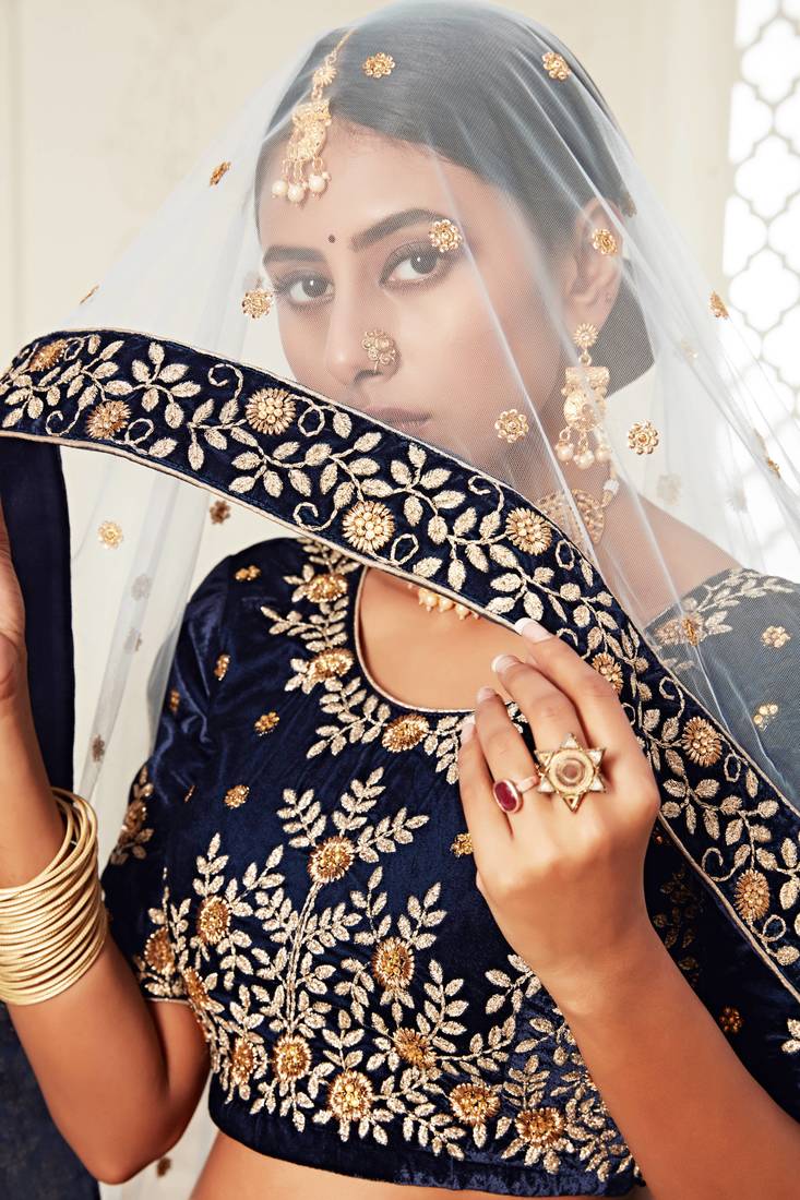 Amazing Navy-Blue Heavy Embroidered Velvet Wedding Bridal Lehenga Choli with Dupatta
