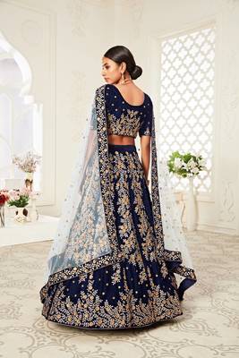 Amazing Navy-Blue Heavy Embroidered Velvet Wedding Bridal Lehenga Choli with Dupatta 5