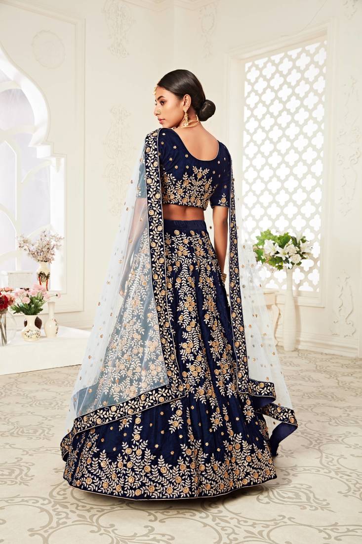 Amazing Navy-Blue Heavy Embroidered Velvet Wedding Bridal Lehenga Choli with Dupatta