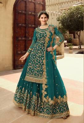 Teal-blue embroidered super net salwar 1