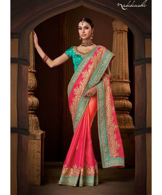 Pink tp orange shaded colour satin georgette fabric 1