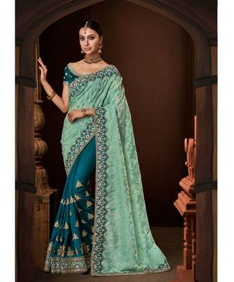 Morepech color handloom silk fabric sky blue lurex tissue fabric 1