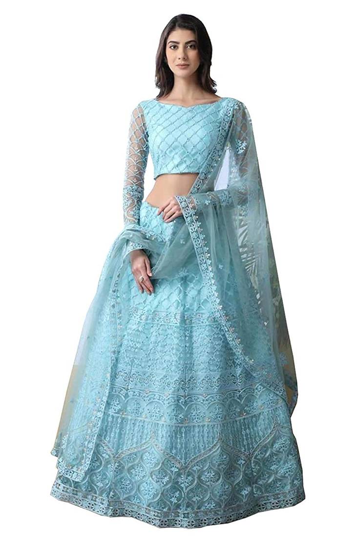Sky Blue Embroidered Net Semi Stitched Lehenga
