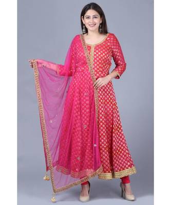 Pink Red Georgette Banarsi Anarkali with Leggings and Pink Mirror Stone Net Dupatta 1