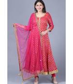 Pink Red Georgette Banarsi Anarkali with Leggings and Pink Mirror Stone Net Dupatta