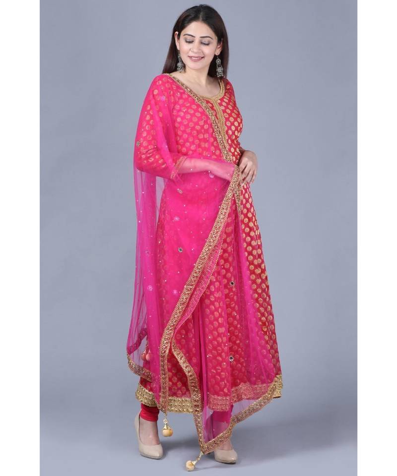 Pink Red Georgette Banarsi Anarkali with Leggings and Pink Mirror Stone Net Dupatta
