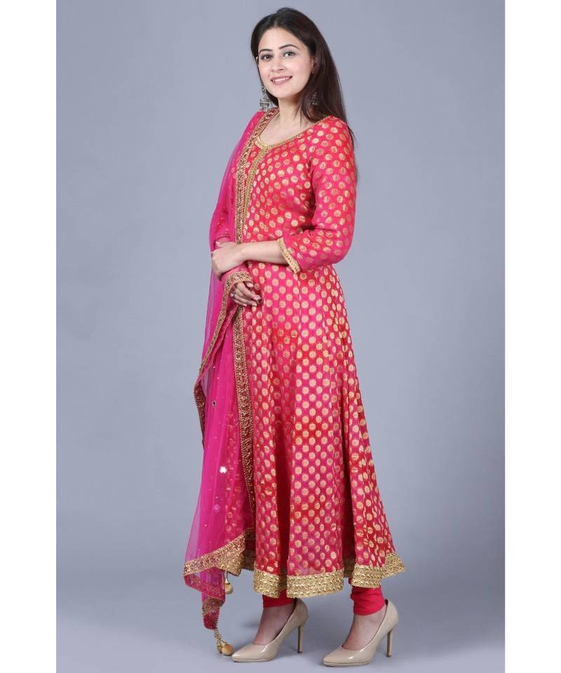 Pink Red Georgette Banarsi Anarkali with Leggings and Pink Mirror Stone Net Dupatta