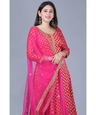 Pink Red Georgette Banarsi Anarkali with Leggings and Pink Mirror Stone Net Dupatta 4