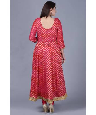 Pink Red Georgette Banarsi Anarkali with Leggings and Pink Mirror Stone Net Dupatta 5
