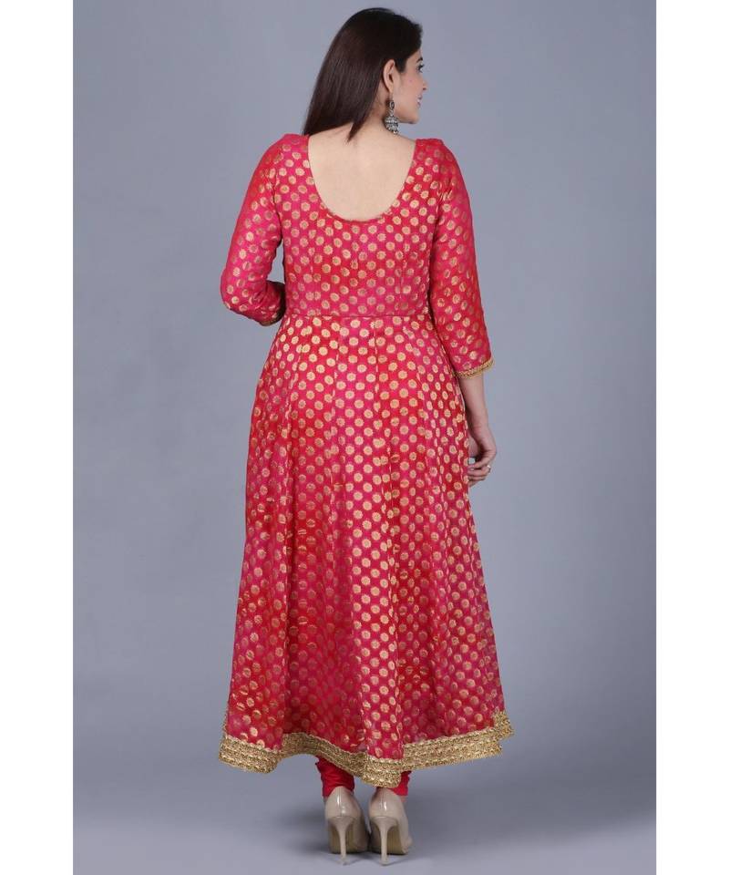 Pink Red Georgette Banarsi Anarkali with Leggings and Pink Mirror Stone Net Dupatta