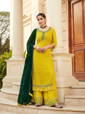 Yellow Faux Georgette Shtraight style Plazzo Suit In Embroidery work Mirror Work 1