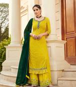 Yellow Faux Georgette Shtraight style Plazzo Suit In Embroidery work Mirror Work