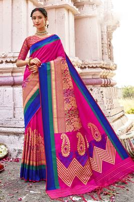 Pink woven silk saree with blouse 1